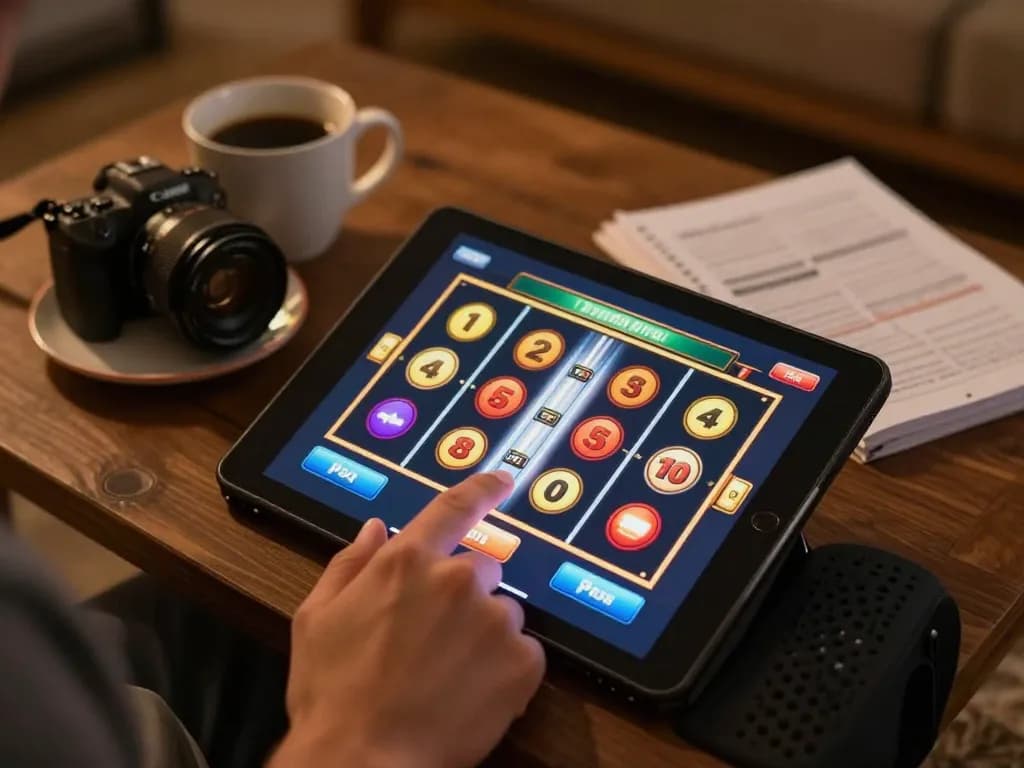 Player enjoying a thrilling dinamit4d online slot game, immersed in the excitement of spinning the reels.