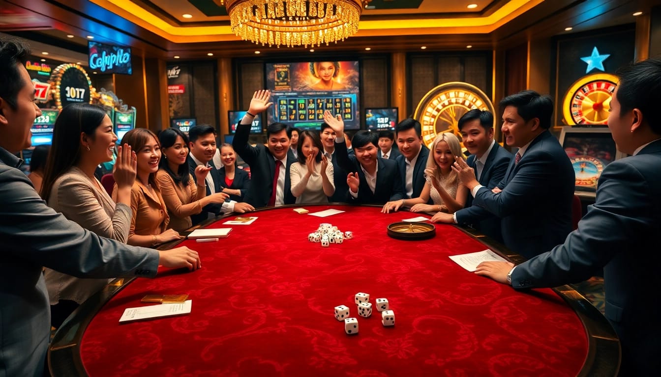 Tài Xỉu MD5 table with excited players strategizing and betting in a vibrant casino atmosphere.