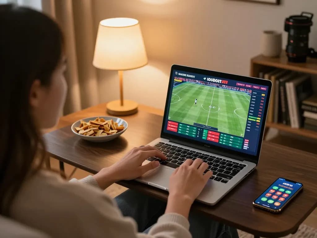 Engaging in online sports betting on sbobet with laptop in a cozy home setting.