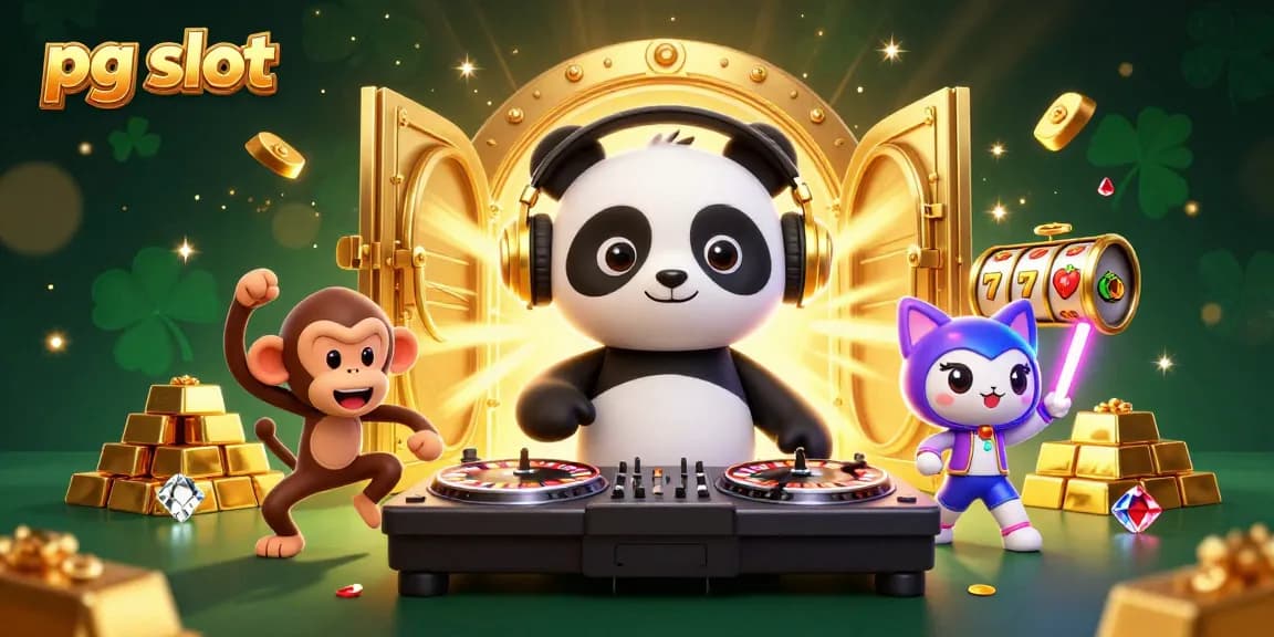 Spin big with pg slot games featuring a DJ panda, dancing monkey, and rave kitten in an epic casino scene.