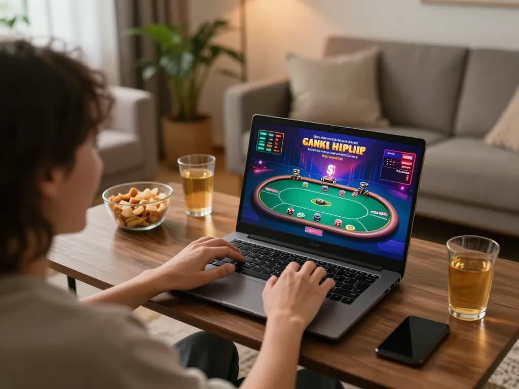 Engaged player enjoying beste casinoer uden rofus in cozy home setting with online poker game shown on screen