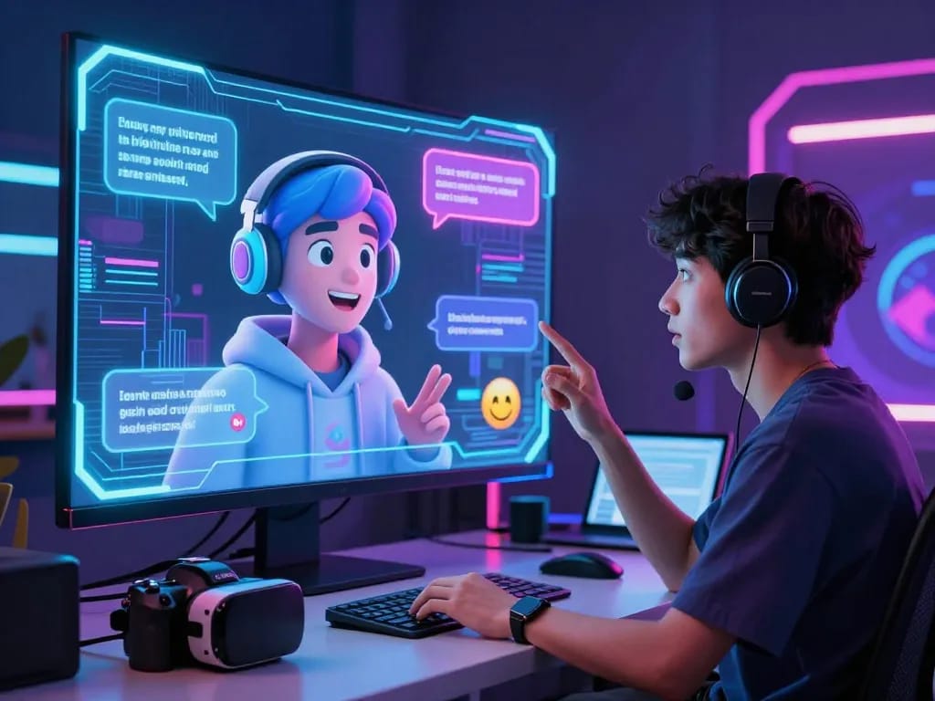 Engaging porn AI chat scene with vibrant neon AI avatar and user interaction, showcasing a futuristic digital environment.
