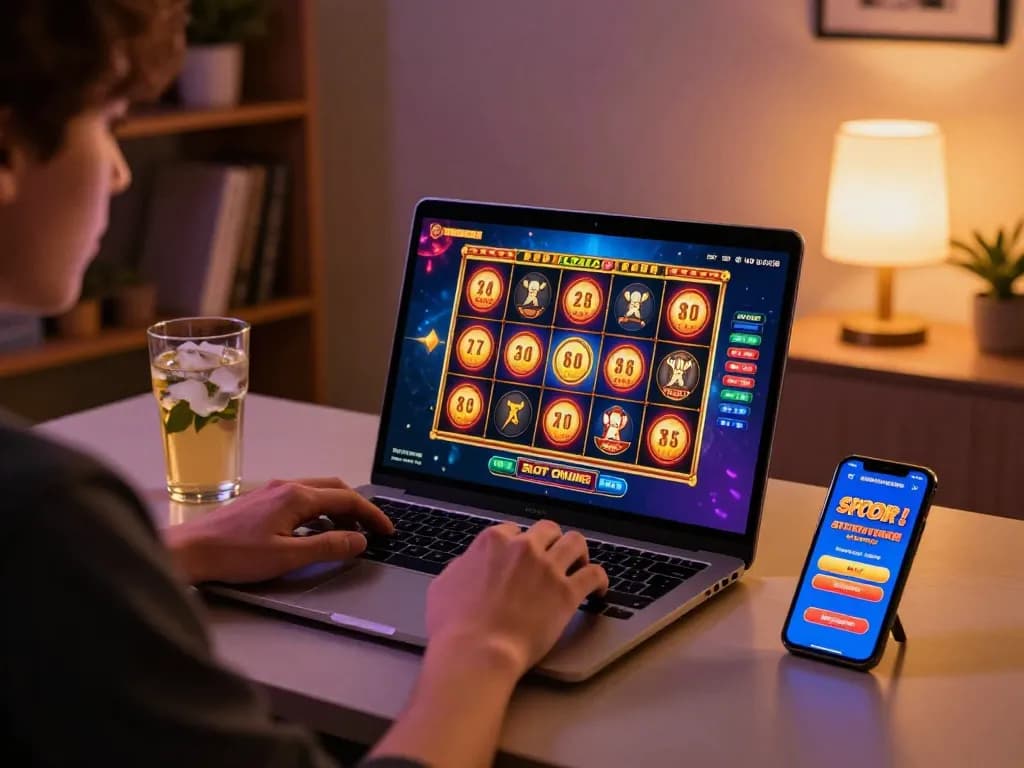 Engaging Slot Online session displayed on a modern laptop, showcasing colorful reels and a cozy gaming setup.