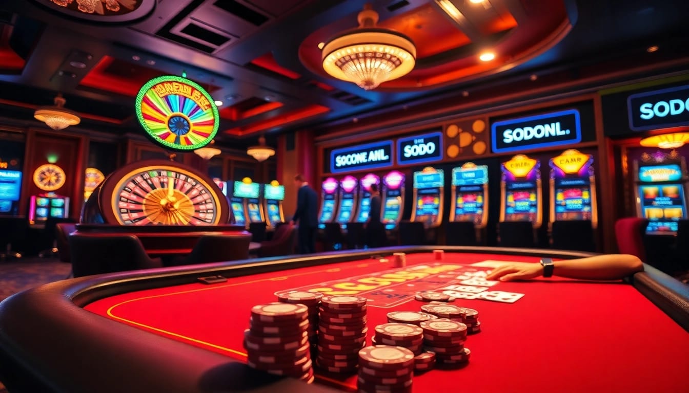 Players engage in thrilling poker games at SODO Casino, showcasing vibrant table action and exciting gambling elements.