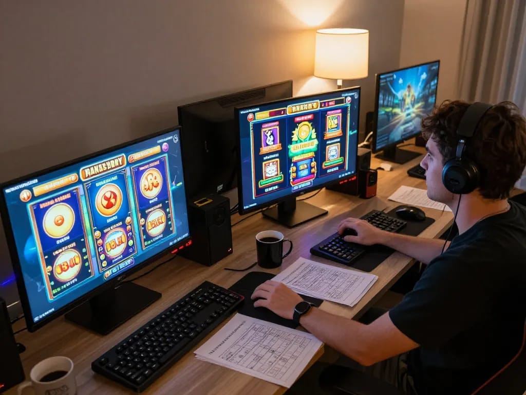 Player enjoying slots where you can buy bonus uk in a cozy home gaming setup, focused on big wins