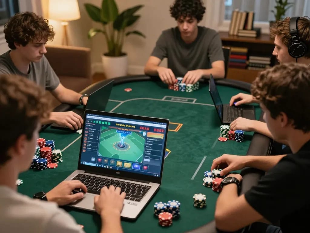 LV88 players engage in an intense online poker game, with colorful chips and digital gameplay displayed.