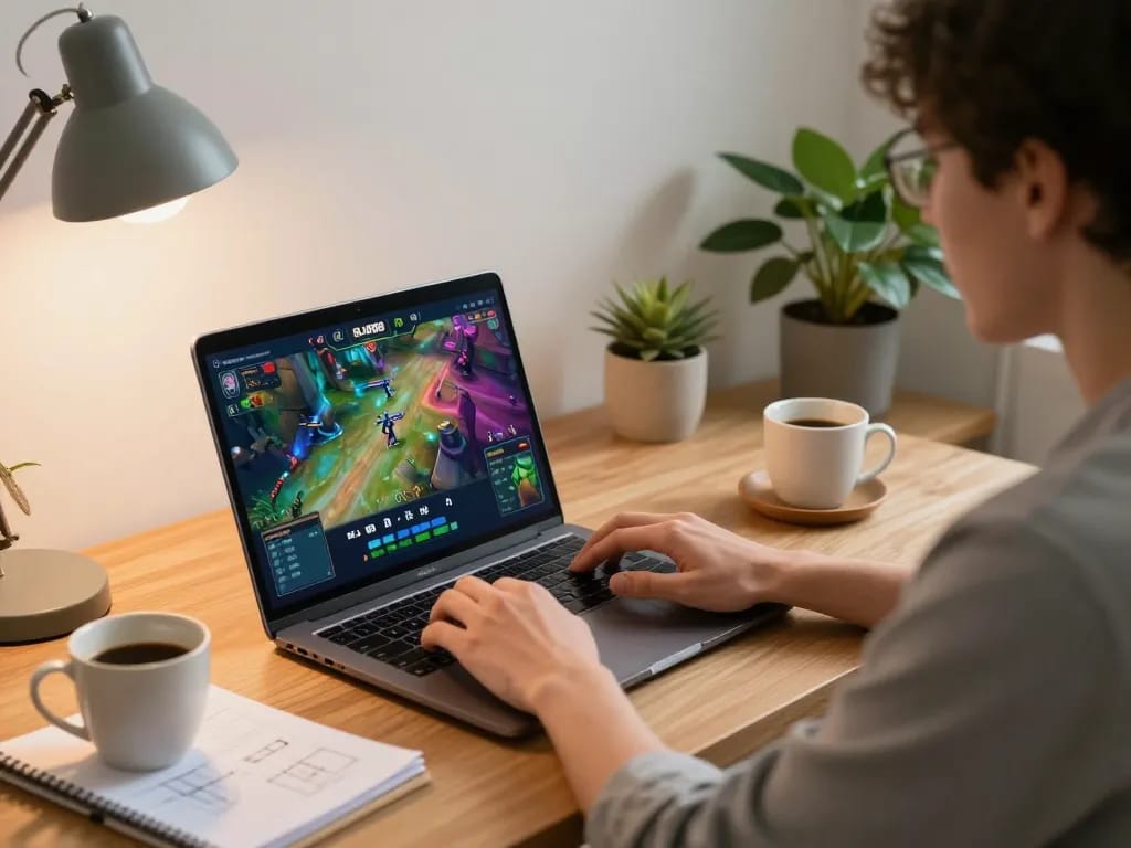 Pemain menikmati pengalaman permainan online BJO88 di rumah, antarmuka permainan yang vibrant di layar.