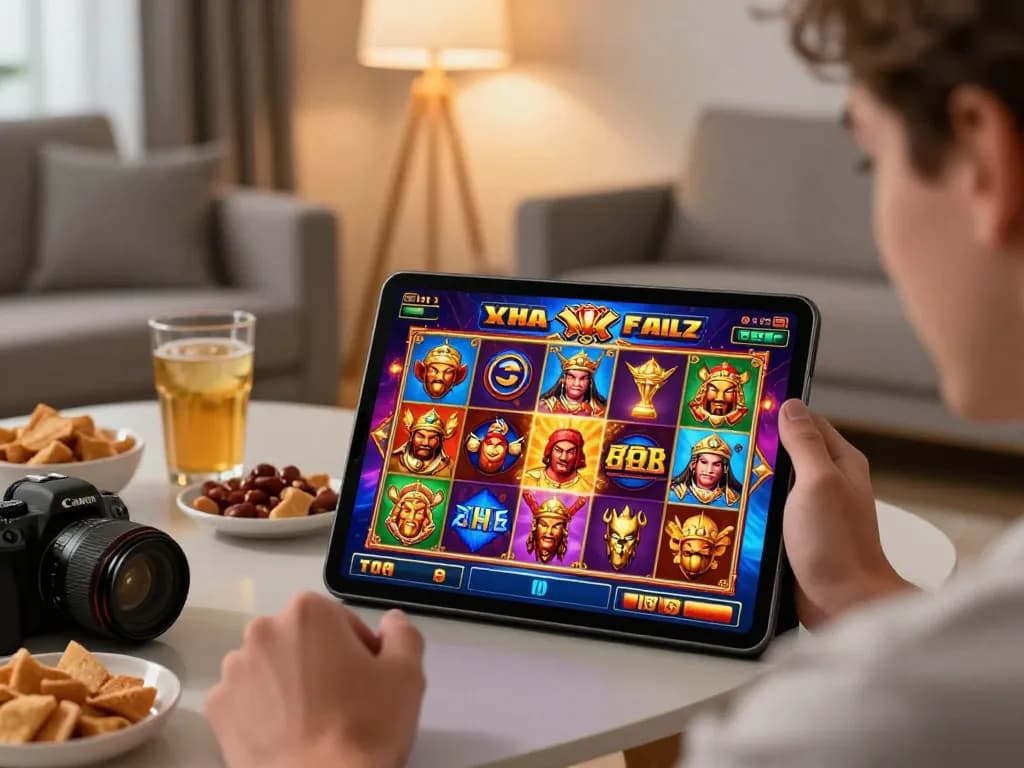Tempo123 Login slot gameplay enjoyment on tablet, showcasing vibrant graphics in a cozy home environment.