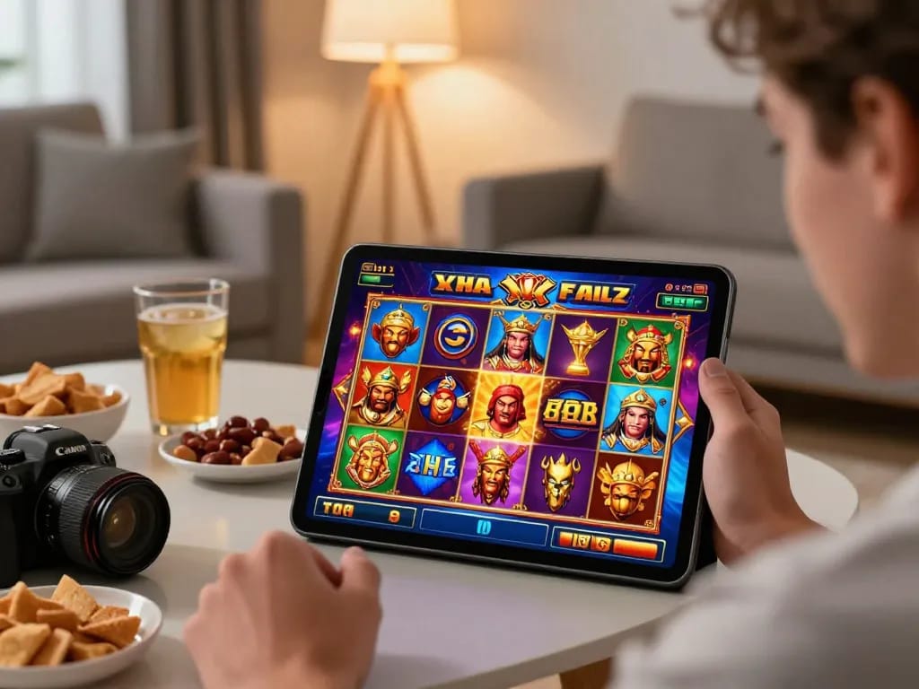 Tempo123 Login slot gameplay enjoyment on tablet, showcasing vibrant graphics in a cozy home environment.