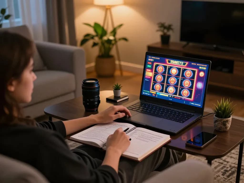 Player engaging with xo88 casino slots on laptop, showcasing vibrant gaming interface and cozy setup