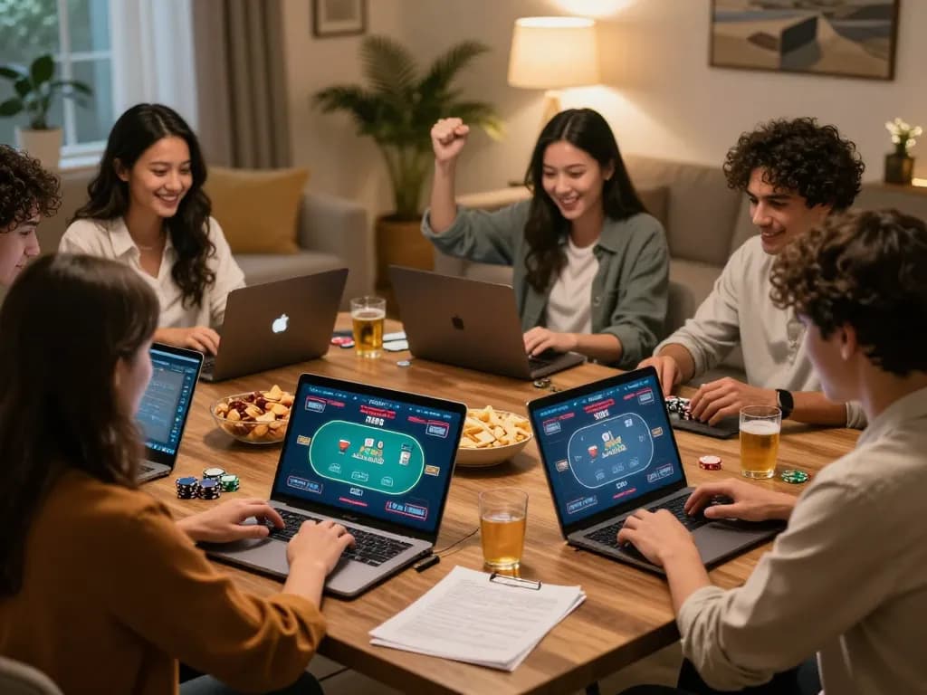 Friends enjoying Jun88 poker game online in a cozy home environment with snacks and drinks.