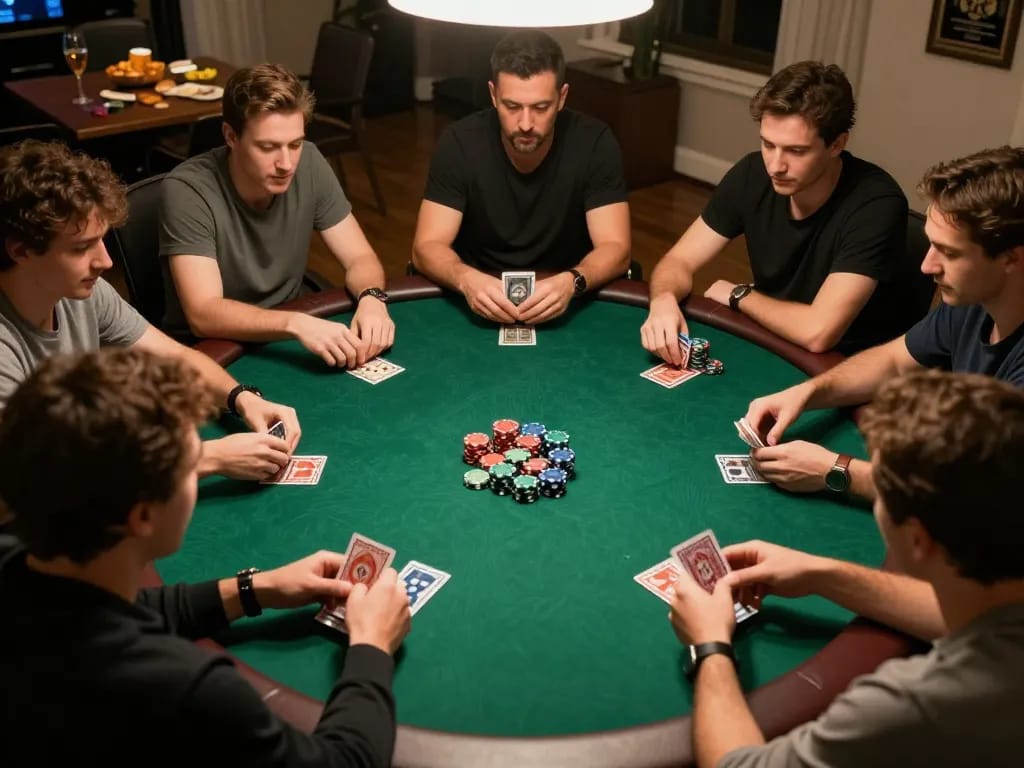 Players strategizing during an exciting poker game night, showcasing 555win's engaging atmosphere.