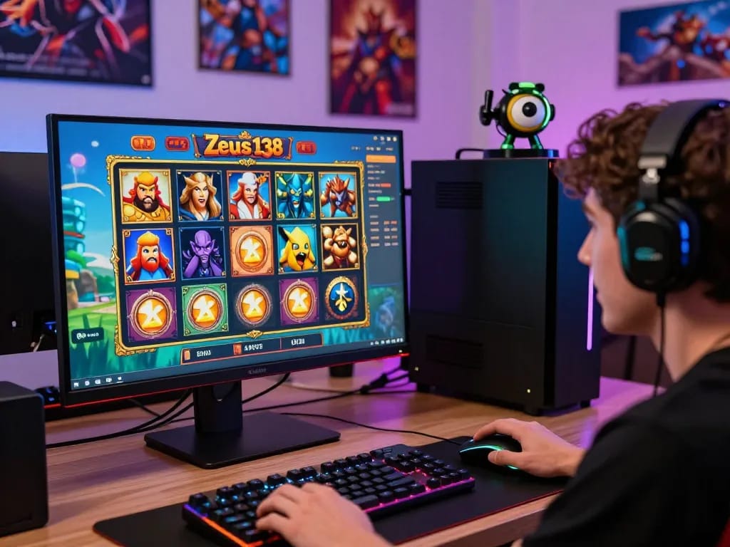 Engaged player experiencing Zeus138 online slots in a vibrant gaming room atmosphere.