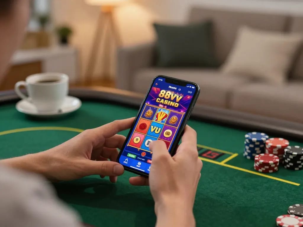 Person engaged in an exciting game using the 88vv casino app on a smartphone, cozy home atmosphere