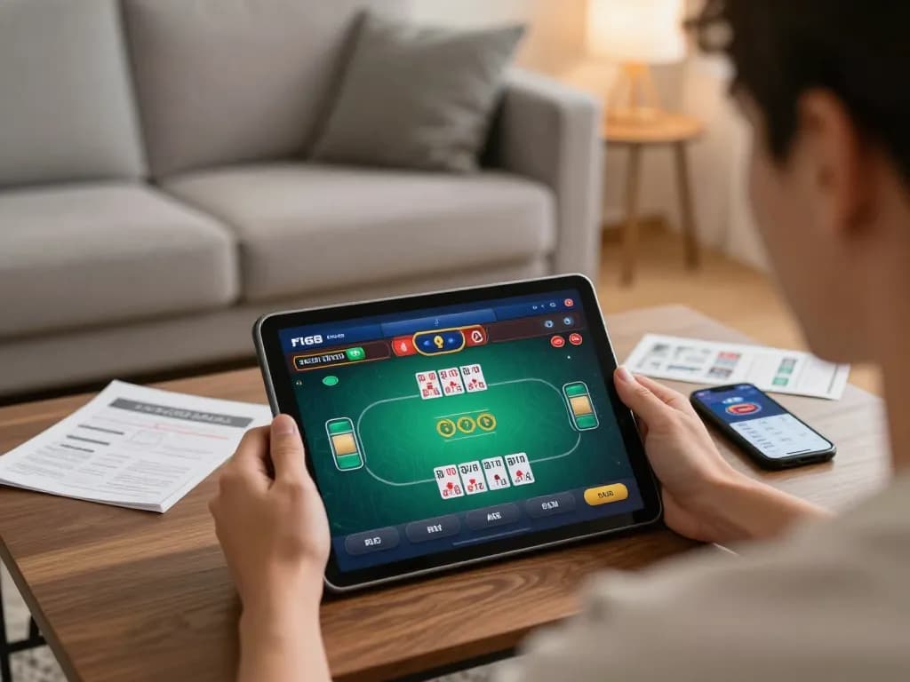 Player enjoying F168 poker game on tablet in cozy home setting with strategy notes nearby.