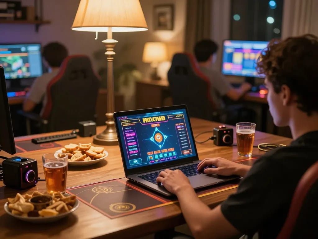 Player engaging in hitclub virtual gaming on a cozy home setup with snacks and strategy notes.