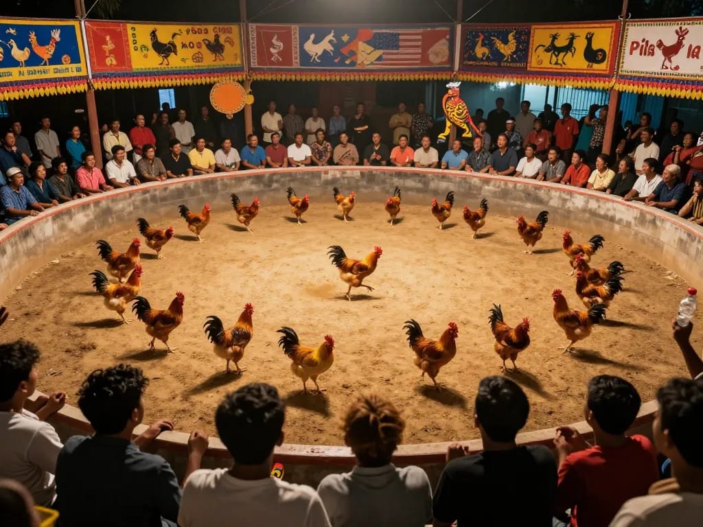 Experience the thrill of đá gà thomo as chickens prepare for a fierce competition in a vibrant arena.