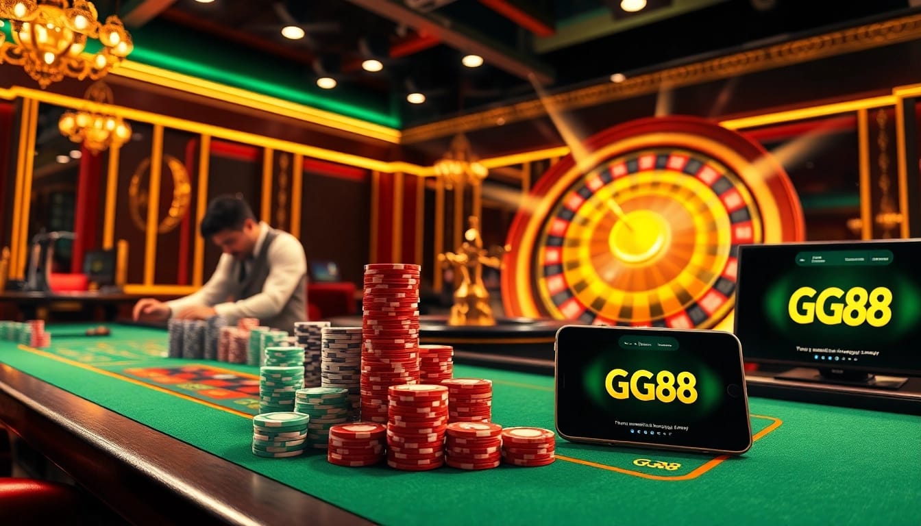 Experience the excitement of GG88 with vibrant poker chips and a spinning roulette wheel in a luxurious casino setting.