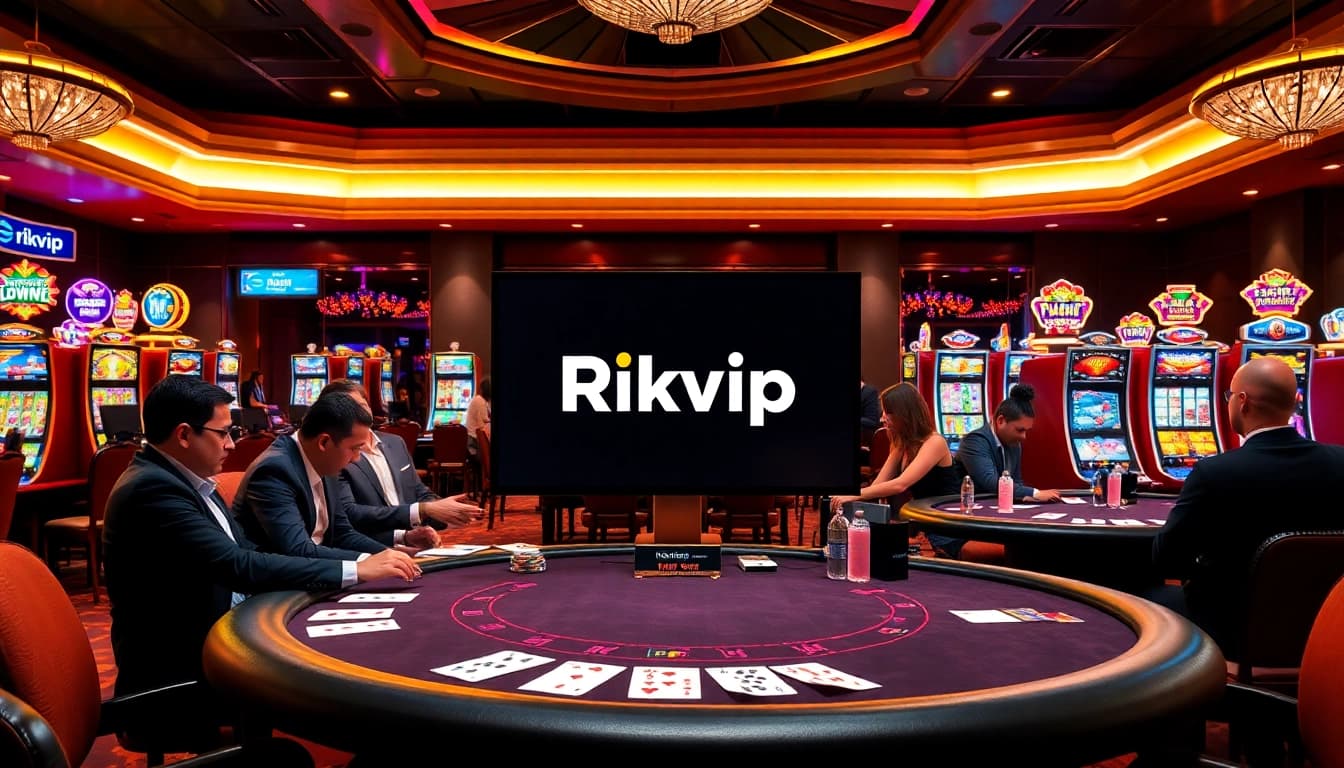 Players enjoying a thrilling game at Rikvip casino, featuring vibrant slot machines and elegant tables.
