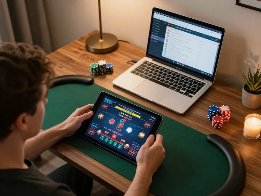 Engaging in 789P online poker game strategy with tablet and laptop in a cozy workspace.