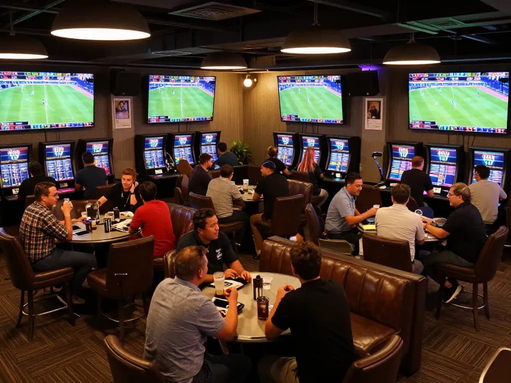 Fans engaging in sports betting at ta88, analyzing live matches in a stylish lounge setting with multiple screens.