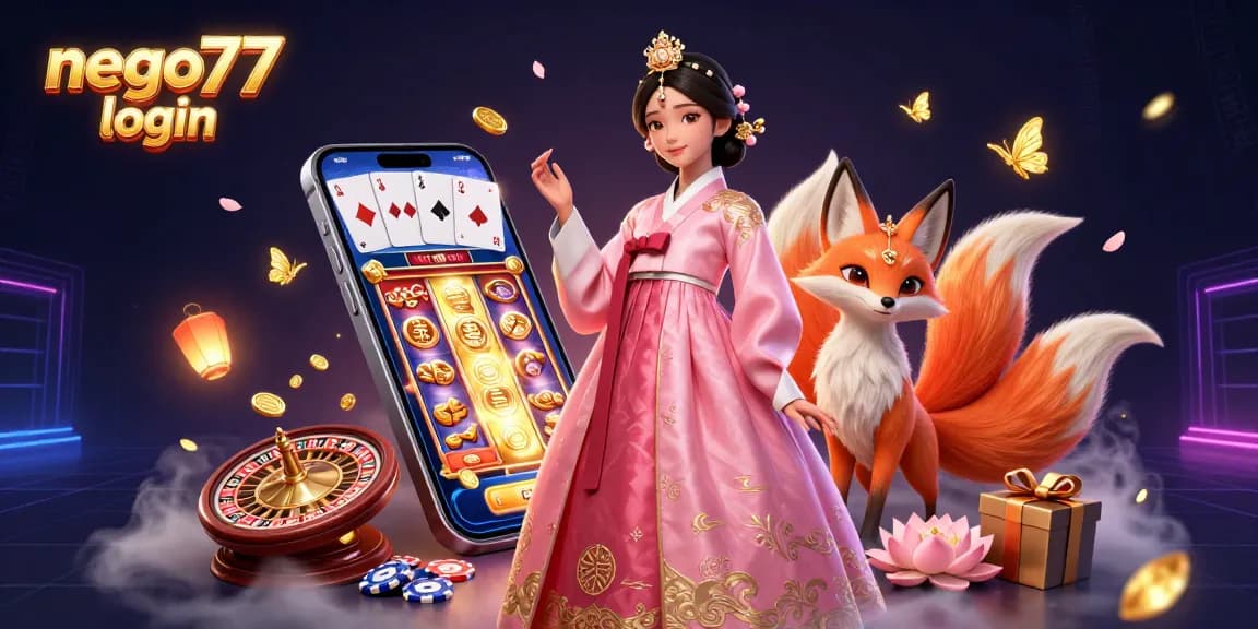 Play and win big with NEGO77 login through vibrant 3D casino action illustration featuring slot games.