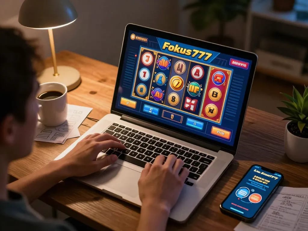 Engaged player experiencing online slots at Fokus777, featuring colorful reels and a cozy atmosphere.