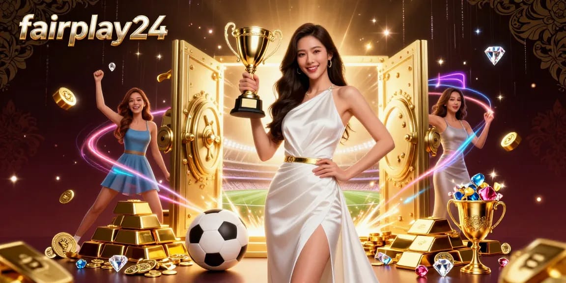 Experience thrilling sports betting with fairplay24, showcasing a confident Asian woman holding a trophy among gold and sports elements.