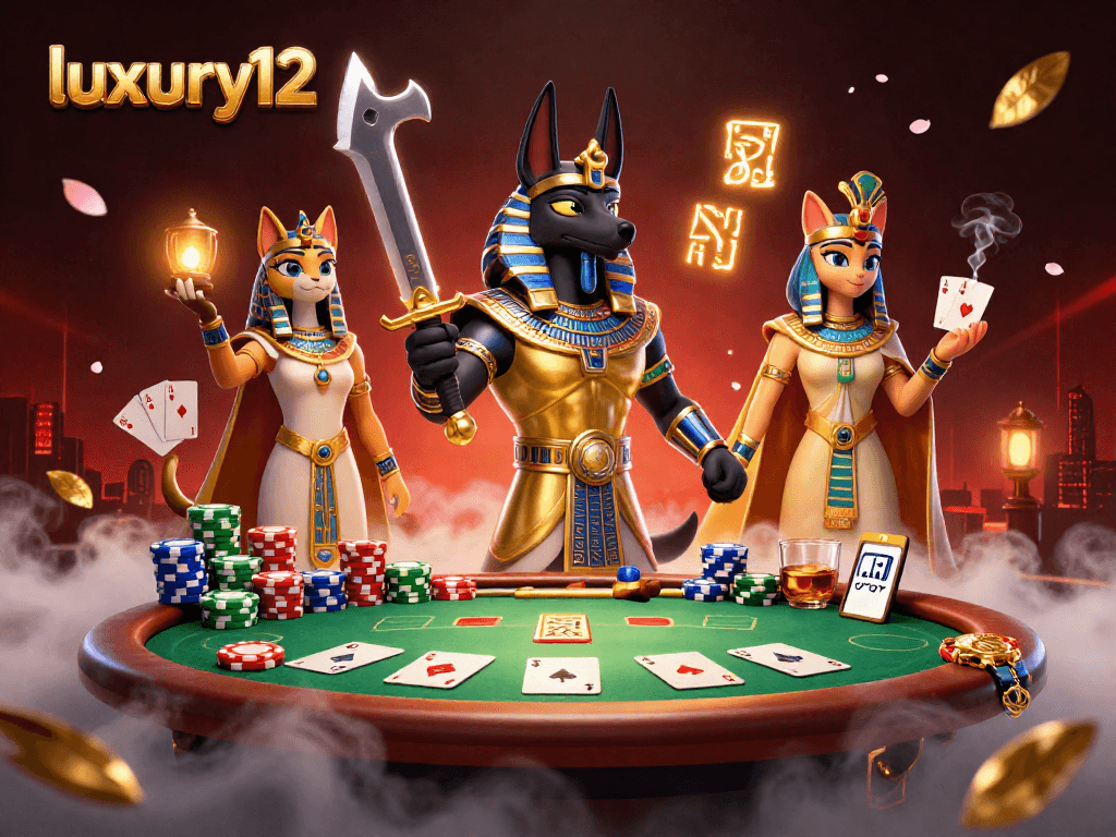 Gambarkan aksi permainan kartu dengan tema luxury12 dan simbol kuno di dalam kasino 3D