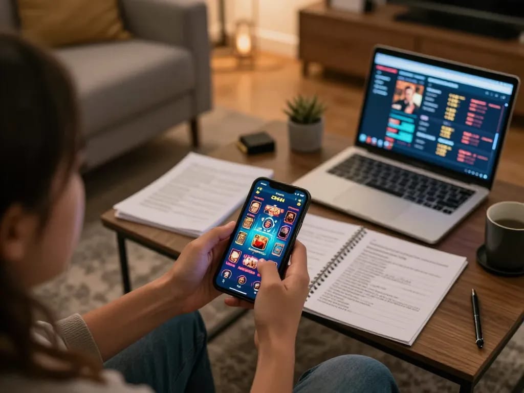 Using CK444 app to engage in online casino gameplay from a cozy home setting, highlighting strategic gaming.