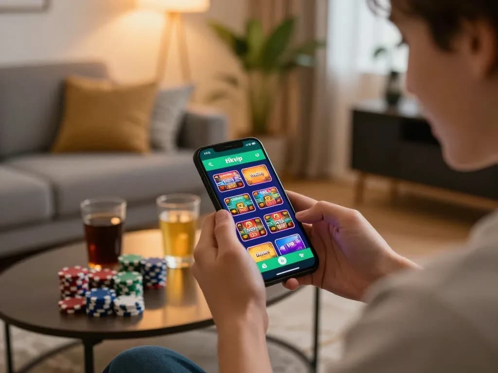 Playing games on the rikvip app with excitement in a cozy home setting