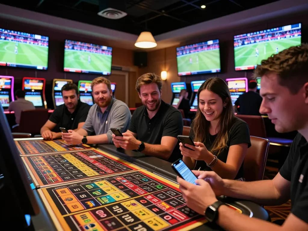 Placing bets at 28Bet in an exciting casino sports lounge with high-definition screens and vibrant atmosphere.