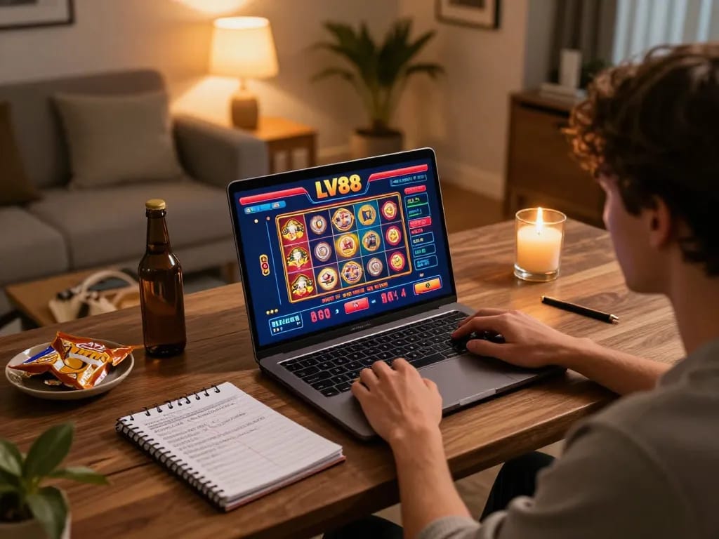 Player enjoying online LV88 casino games on a cozy home setup while managing bankroll.