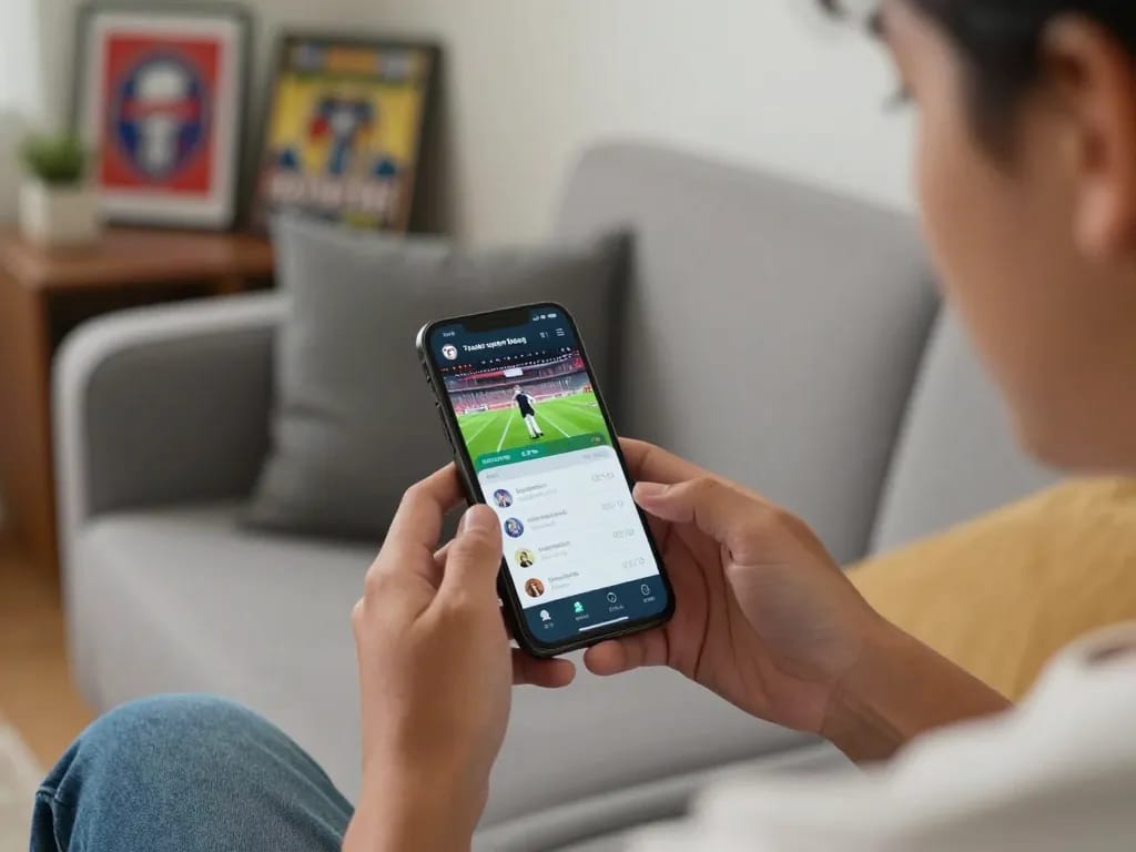 Engaging with Livechat 7meter on sports betting app in a cozy home setting.