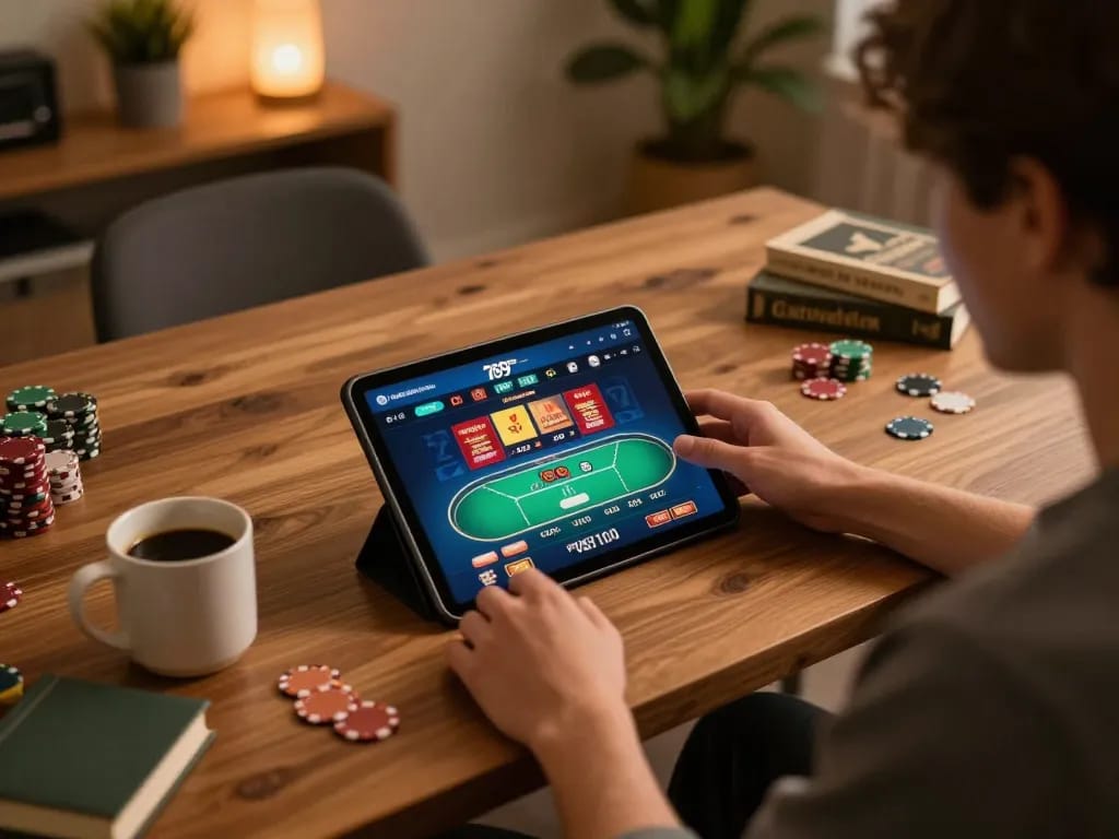 Engaging with the 789P casino app on a tablet while enjoying a warm coffee.