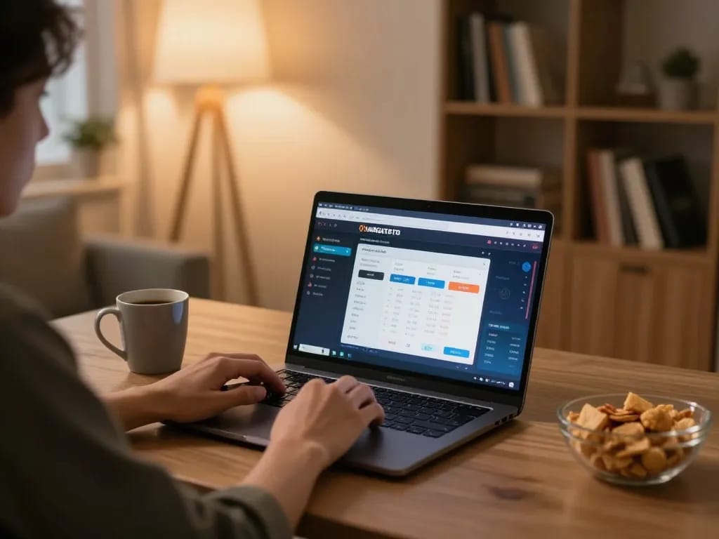 Engaging in online gaming with HARGATOTO daftar visible on laptop screen, showcasing a cozy home setup.