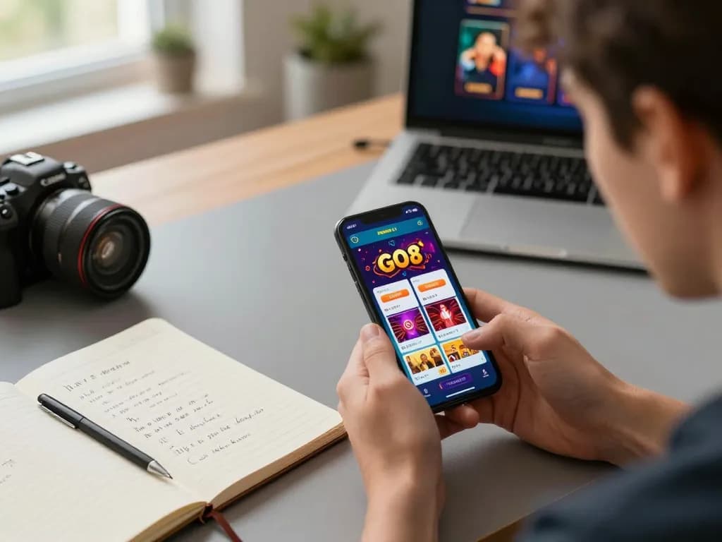 Player engaging with GO8 mobile casino app, showcasing betting strategies in a cozy home setting.