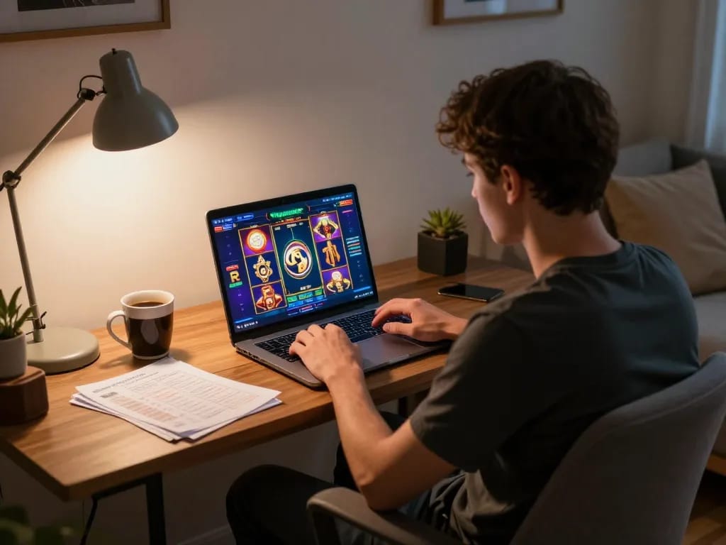 Engaging home online gaming session featuring kerajaanslot on laptop screen with betting notes.