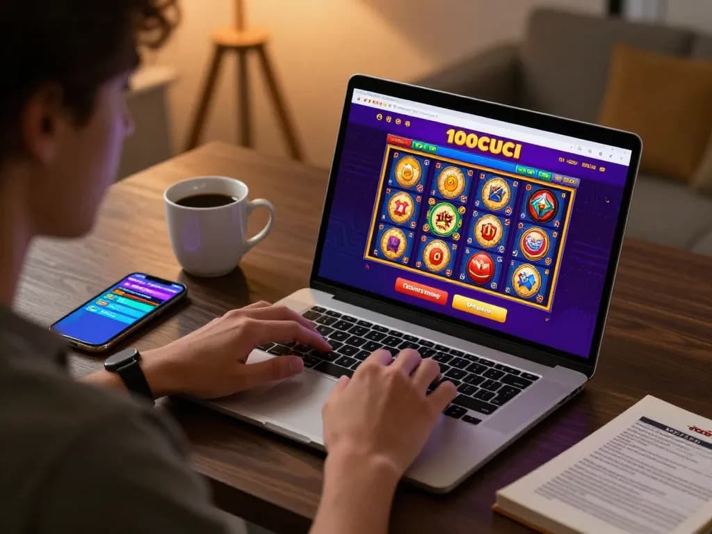 Engaged player ready to register 100cuci on their laptop, showcasing colorful slot games online.