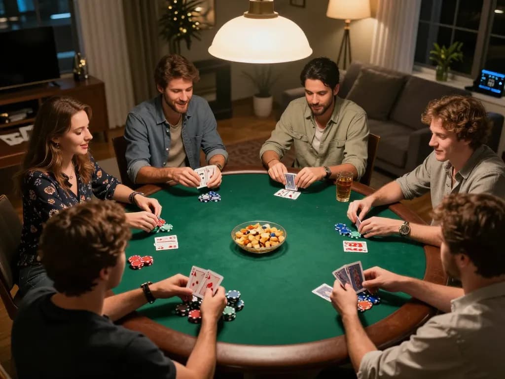 Teman-teman yang terlibat dalam permainan poker yang ramah di rumah, menampilkan momen strategis Gsc108 dan interaksi sosial.