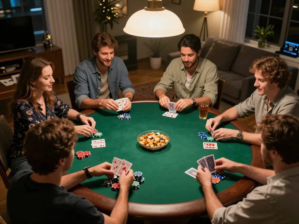 Teman-teman yang terlibat dalam permainan poker yang ramah di rumah, menampilkan momen strategis Gsc108 dan interaksi sosial.