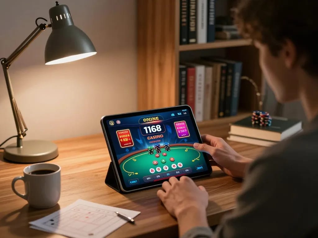 Engaging with the f168 casino app on a tablet in a stylish home gaming setup.