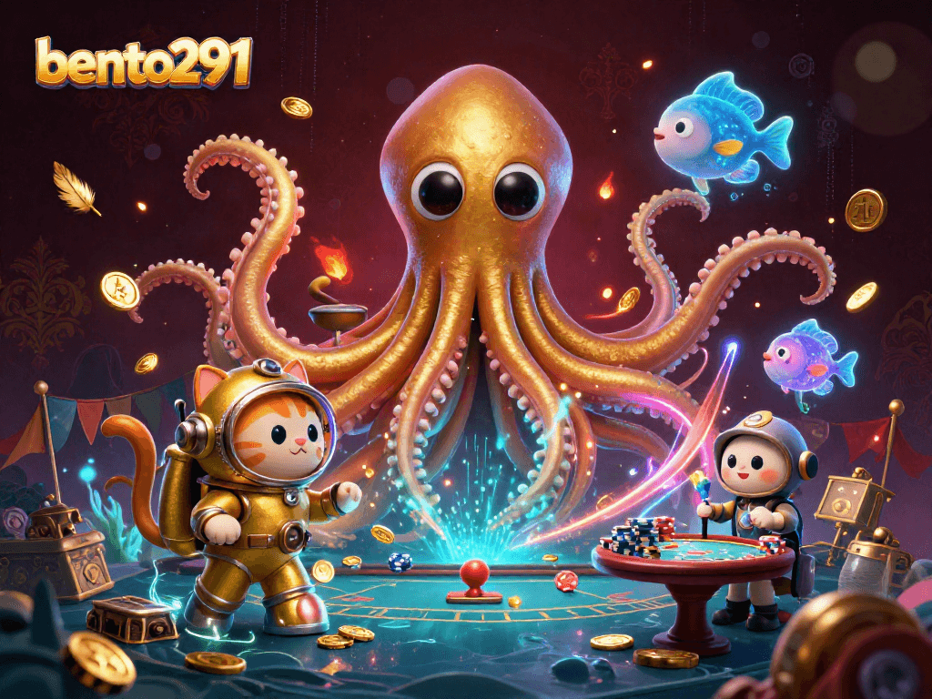 bento291 offers a vibrant scene with a kraken and a diving cat at a poker table, surrounded by casino-themed elements.