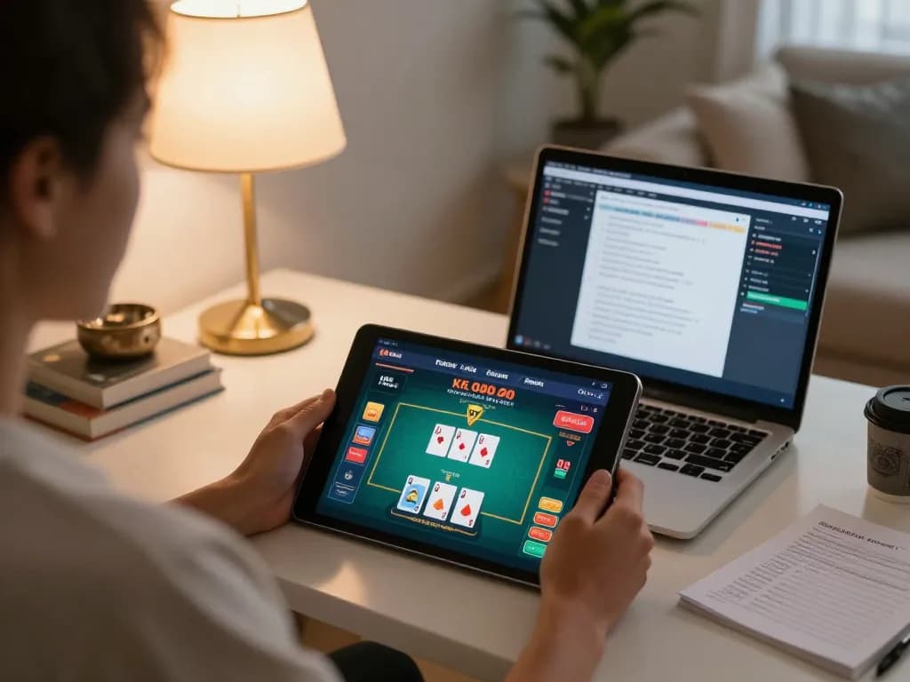 Engaging in online gaming at dn88 with tablet in modern home setting, portraying a relaxed yet strategic gambling atmosphere.
