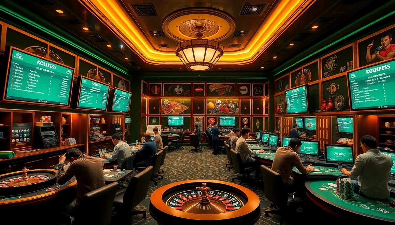 Kèo Nhà Cái 5 betting excitement at a luxurious casino, showcasing poker chips and betting slips.