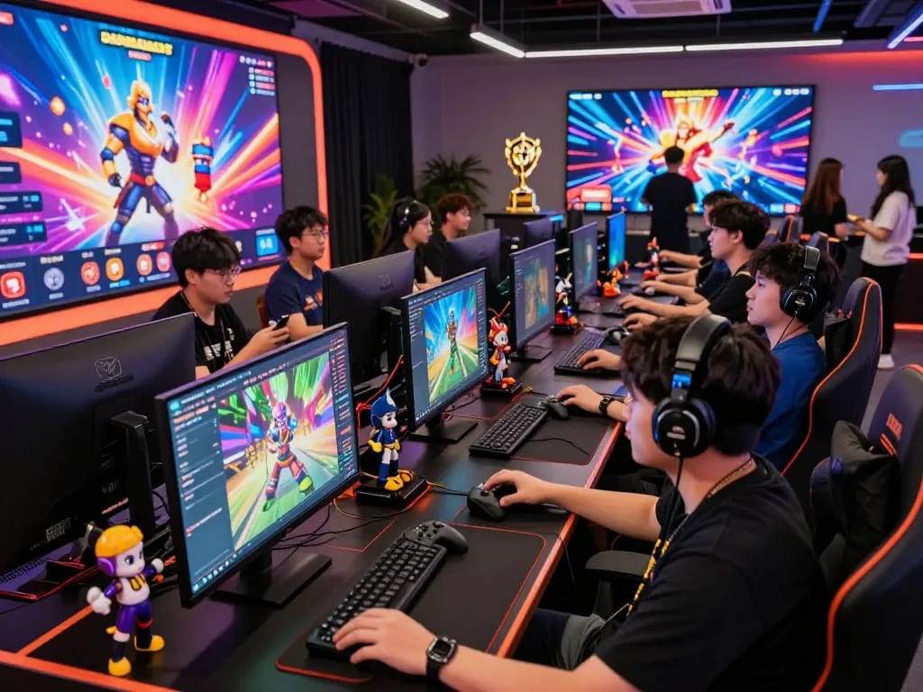 Exciting Barcaslot gaming scene with players enjoying digital gameplay at https://blackmomsblog.com/about/ in a vibrant environment.