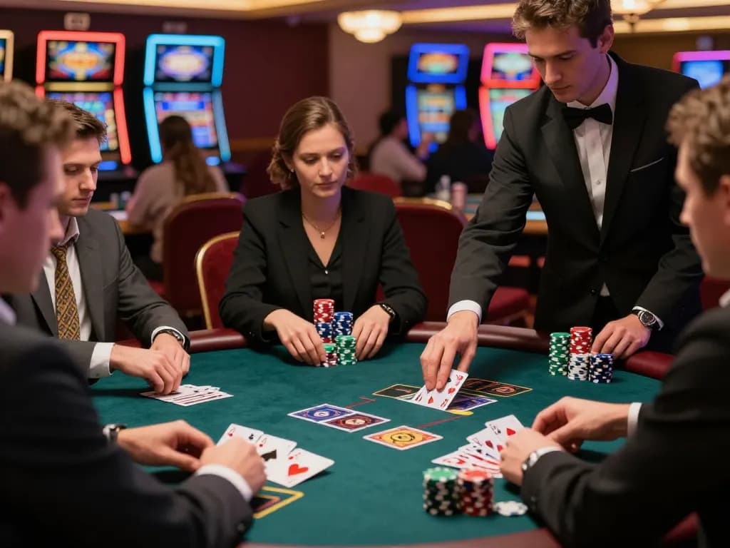 Các người chơi LUCK8 đang tham gia vào một trò chơi blackjack căng thẳng trong không khí sôi động của sòng bài.