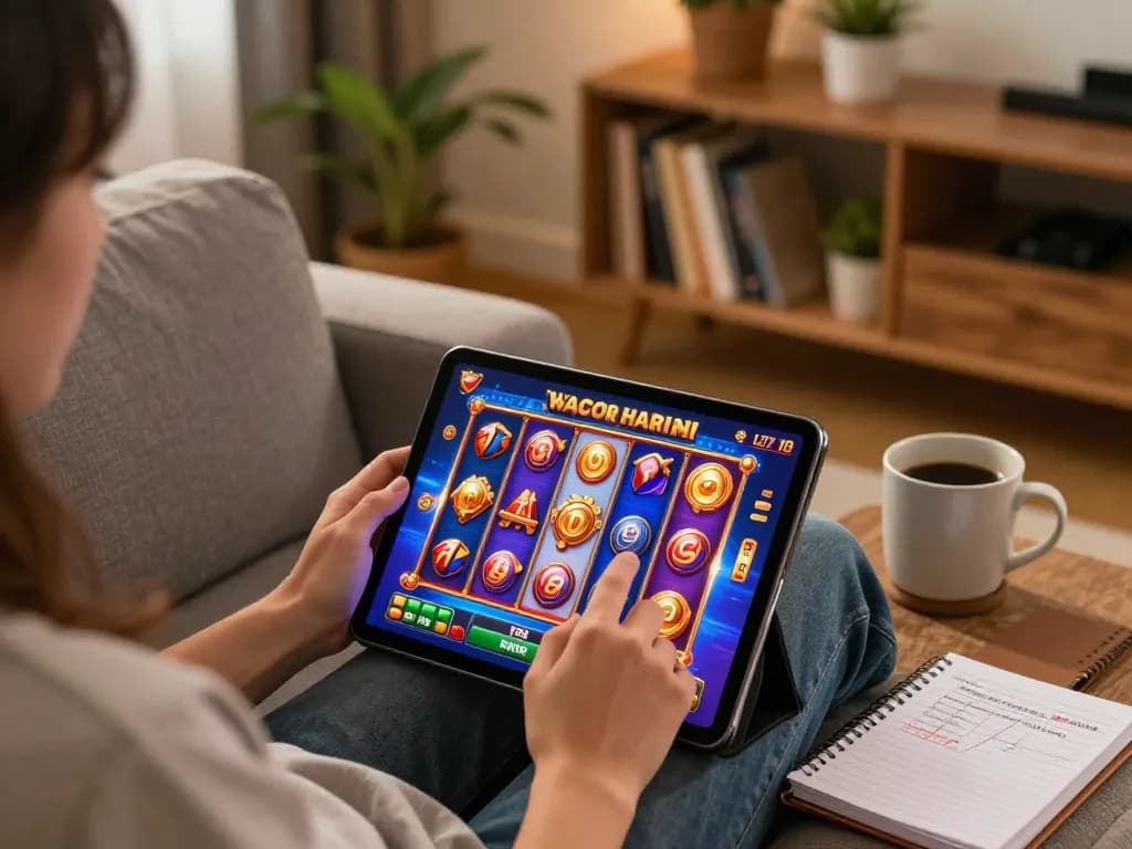 Engaging online player enjoying slot gacor hari ini on tablet, cozy ambiance with strategy notes.