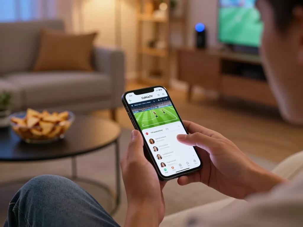 CakhiaTV app displaying live football streaming on a smartphone, enhancing home gaming experience.