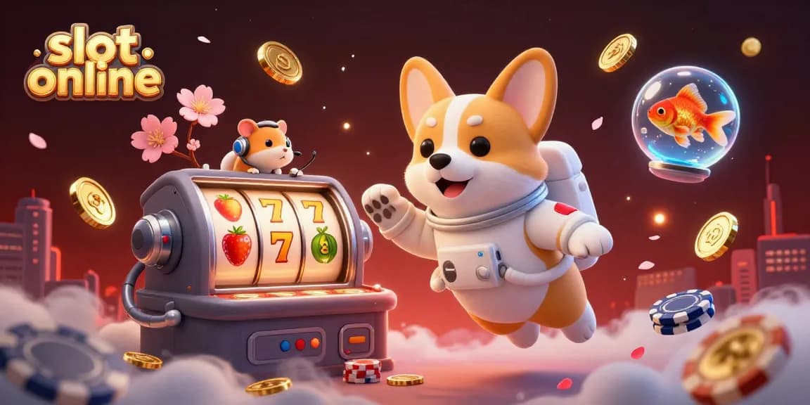 Interactive slot online scene with a floating corgi and space-themed casino elements